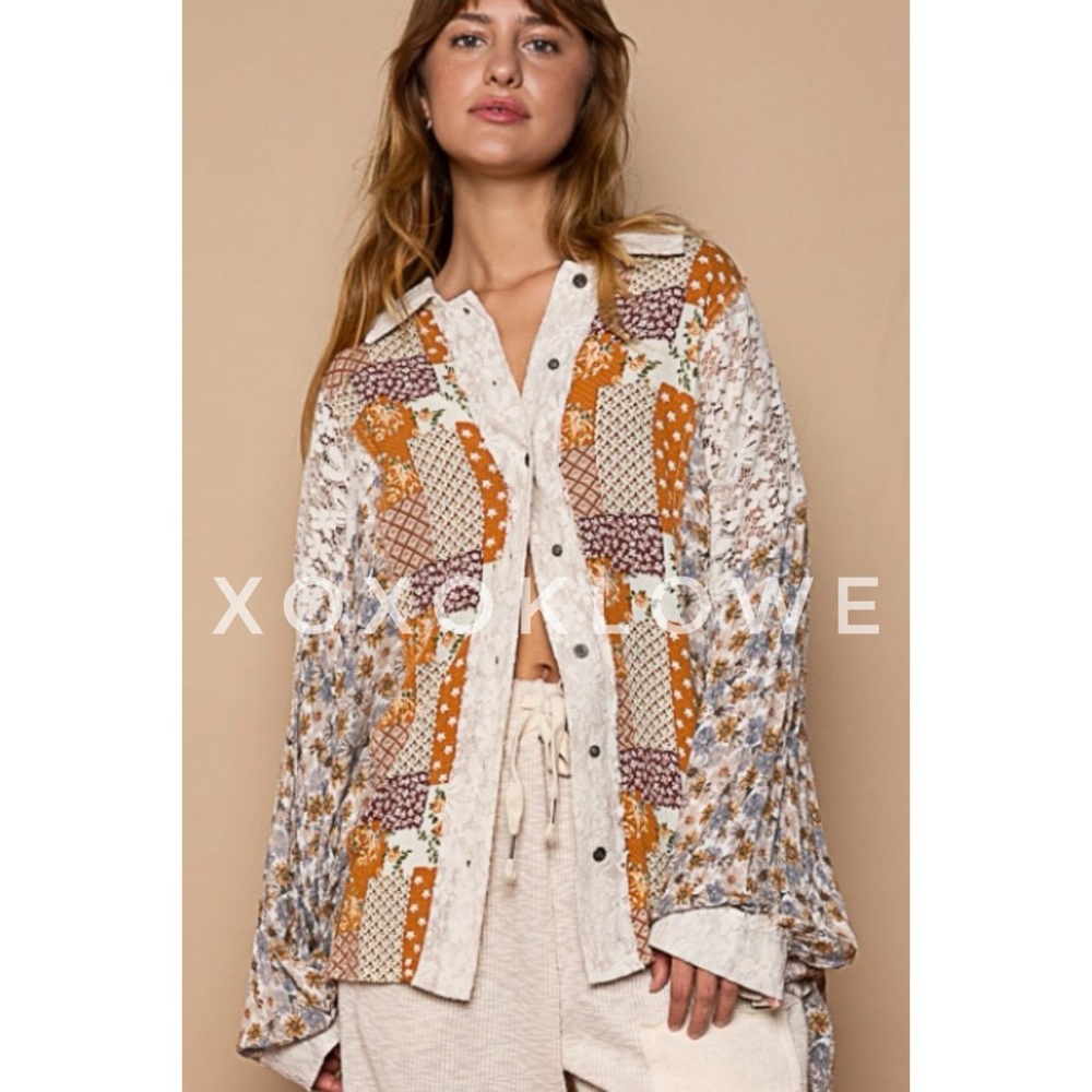 POL Floral + Lace Patchwork Button Down Shirt in Caramel Cream